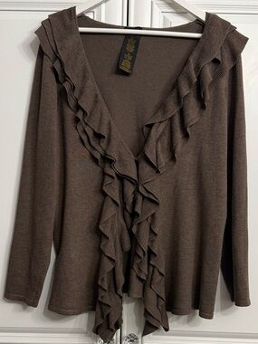 Grace Elements Brown Cascade Ruffle Front V-Neck Cardigan Sweater Size Large